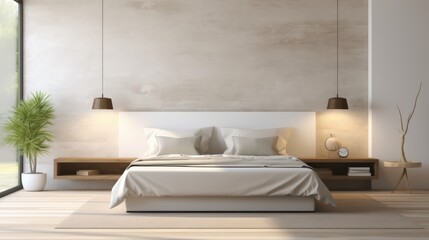 Minimalist bedroom with a bed and a white wall with a texture.