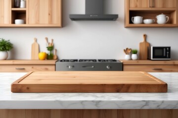 Wooden Cutting Board on a Marble Countertop in a Kitchen