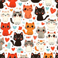 Cute Cartoon Cats Seamless Pattern with Hearts and Stars