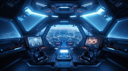 Futuristic spaceship cockpit with blue lighting, two seats, and a view of a city at night from the window.
