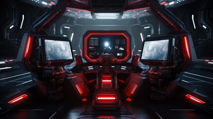 Futuristic spaceship interior with two seats, glowing red lines and a large digital display with a view of the planet Earth.