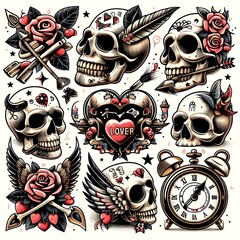 Old School Tattoo Skull and Heart Clipart Collection