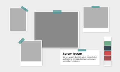 Mood board template design. Blank note sheet collage. Photo frame mockup. Vector illustration