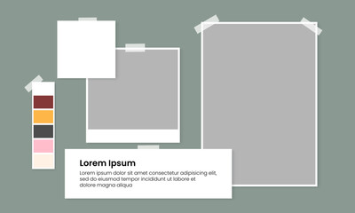 Mood board template design. Blank note sheet collage. Photo frame mockup. Vector illustration