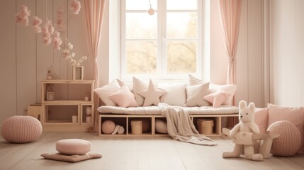 Cozy nursery room with pink and white decor, plush toys, and a window overlooking nature.