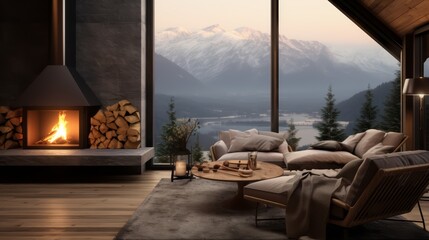 Fototapeta premium Cozy living room with fireplace and mountain view.