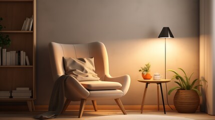 Cozy living room with armchair, side table and floor lamp, a relaxing space to unwind.