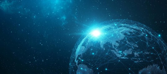 Abstract digital background with glowing network connections and a global map, symbolizing technology, connectivity, data transfer, and cyber security in a futuristic style