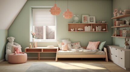 Cozy kids bedroom with a light green wall, a white window with blinds, a wooden daybed with pillows, and a pink ottoman with a plush toy.