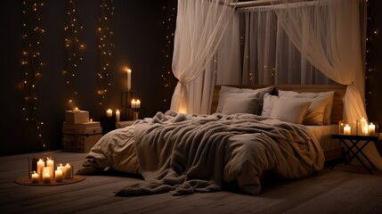 Cozy bedroom with a canopy bed, lit by candles and fairy lights.