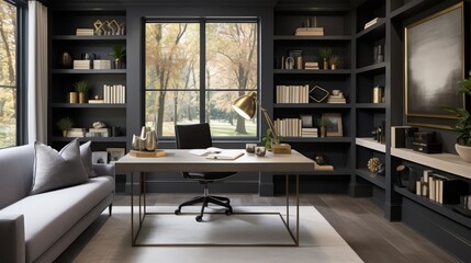 Contemporary home office with dark grey walls and a large window overlooking a tree-filled park.