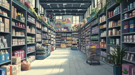 Fototapeta premium Aisle of a Grocery Store with Shelving, Aisle, and Shopping Cart