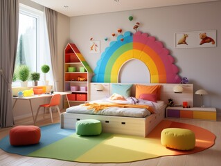 Bright and playful kid's bedroom with a rainbow headboard, colorful rug, and storage shelves.
