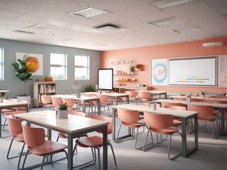An empty classroom with a whiteboard, shelves, desks, and chairs.