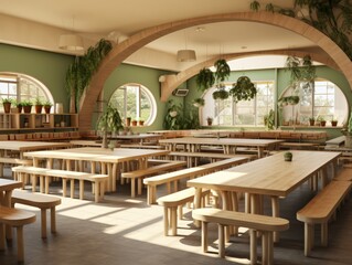 A wooden dining room with arched ceilings, large windows, and green plants.