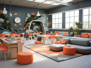 A modern, brightly colored, and playful room with a seating area and dining space featuring a colorful, underwater themed mural.