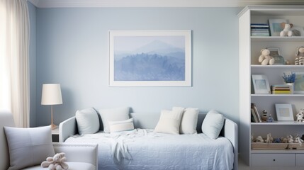 A modern, light blue bedroom with a daybed, a white bookshelf, and a framed mountain print.