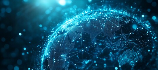 Abstract blue digital background with glowing network connections and global connection concept on a dark blue backdrop. Abstract technology, internet, or business theme vector illustration design ele