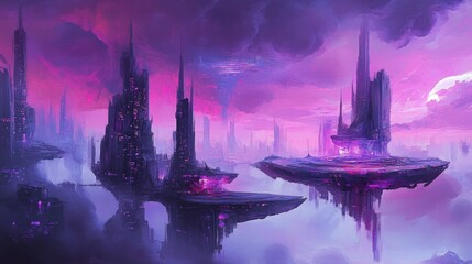 Fototapeta premium A Visionary Metropolis: Abstract Surreal Art Depicting Futuristic Cityscape Panorama in Arcane Architecture Painting