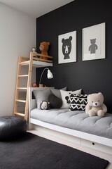 A modern children's bedroom with a white bed, black walls, and a gray rug.