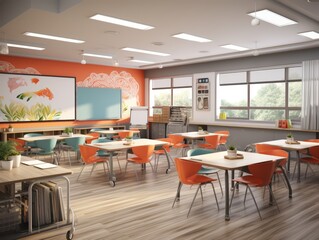 Fototapeta premium A modern classroom with bright orange walls, light wood floors, and white ceiling panels, with colorful artwork on the walls and multiple tables and chairs.