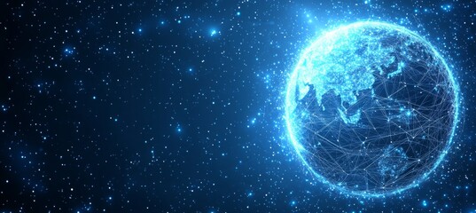 Fototapeta premium Abstract digital background with glowing network connections and a global map, symbolizing technology, connectivity, data transfer, and cyber security in a futuristic style