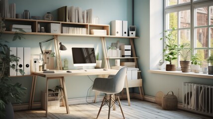 A minimalist home office workspace with a desk, computer, and chair.  There are books, plants, and a lamp. The window lets in natural light.