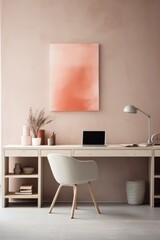 A minimal home office desk with a laptop, lamp, and a white chair.