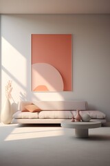 A minimal living room with a white couch, a coffee table, and a vase with dried flowers. Sunlight streams through the window, casting shadows on the wall.