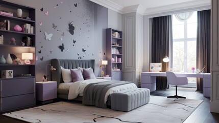 A girl's bedroom with a purple color scheme, a bed, a desk, and a bookshelf with butterflies on the wall.