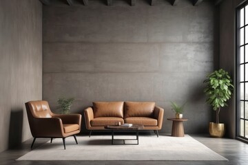 Modern Living Room with Leather Sofa, Armchair, and Concrete Wall