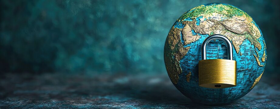 A globe secured with a padlock symbolizes global security and data protection in a digital age.