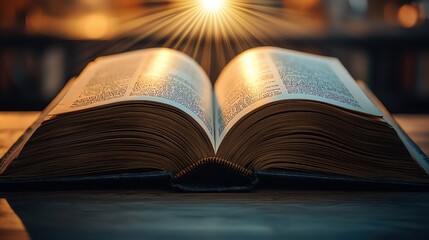 Obraz premium An open book illuminated by warm light, symbolizing knowledge, enlightenment, and the beauty of reading.