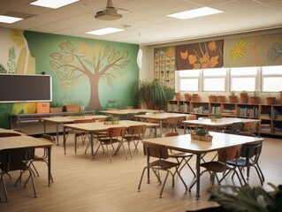 A classroom with colorful artwork on the walls, a large TV, and tables and chairs arranged for learning.