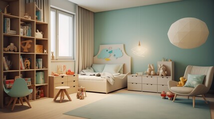 A children's bedroom with a bed, a chair, a bookcase, and toys.