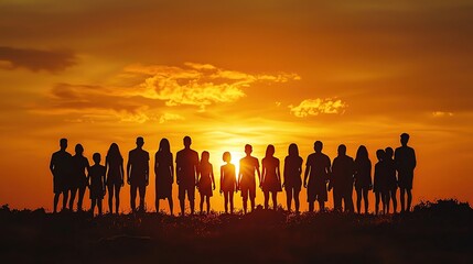 Fototapeta premium A diverse group of people standing together during a stunning sunset, creating a silhouette against the vibrant sky.