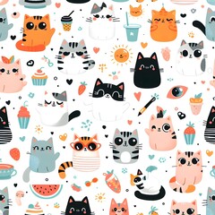Seamless Pattern with Cute Cartoon Cats and Summer Elements