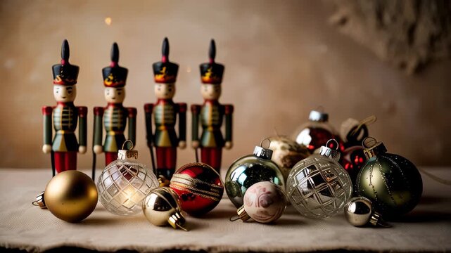 collection of traditional wooden nutcrackers and Christmas baubles on a rustic wooden surface Christmas retro vintage background