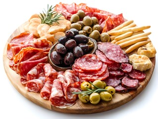 Obraz premium Delicious Salami, Olives, and Breadsticks on a Wooden Platter - Food Photography