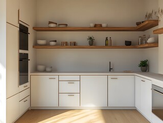 Minimalist Kitchen Design with Wooden Shelves