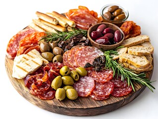 Appetizer Platter with Salami, Olives, and Bread on Wooden Board - Photo