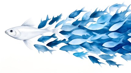 Fototapeta premium Luminous watercolor depiction of silver fish shoal, moving as a cloud, gliding gracefully through blue waters