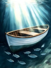 Fototapeta premium An ethereal watercolor scene of fish swimming in unison, seen from a bird's-eye view, their arrangement forming an elegant, organic pattern