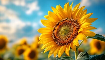 Fototapeta premium Vibrant Yellow Sunflower with Blue Sky and Fluffy Clouds - Photo