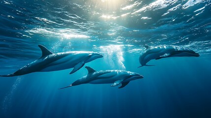 Fototapeta premium Three Dolphins Swimming in the Sunlight