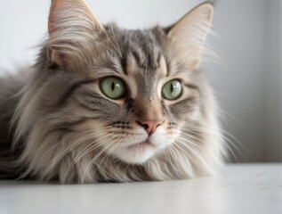 Obraz premium A Close-Up Portrait of a Long-Haired Cat with Green Eyes