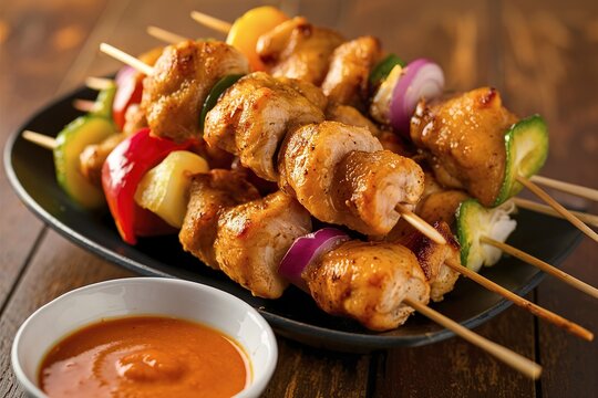 Food Photography of Delicious Chicken Satay or Kebab Skewers and Sauce Bowl on Wooden Table