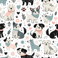 Cute Dog Seamless Pattern with Hearts and Flowers