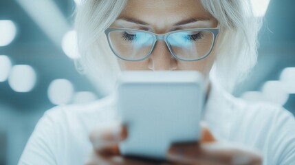 Senior professional female, American, crafting a mobile app in a cutting-edge incubator, minimalistic design with advanced tech