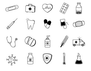 medical icons set, medical element doodle collection